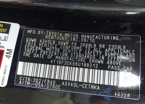 2011 Toyota Camry Le from USA, damaged, VIN 4T1BF3EK6BU188212